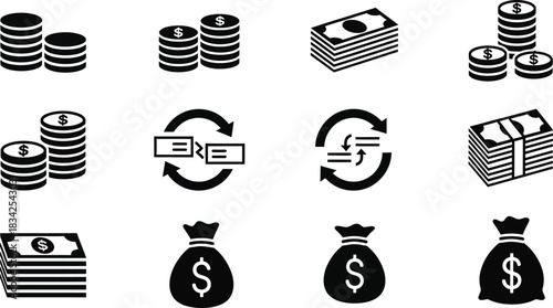 Money and finance icons coins bills exchange and money bags