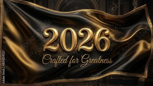 The year 2026 is crafted for greatness on a luxurious black and gold banner.