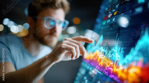 A man interacts with a glowing futuristic financial interface, analyzing colorful digital charts and data visualizations
