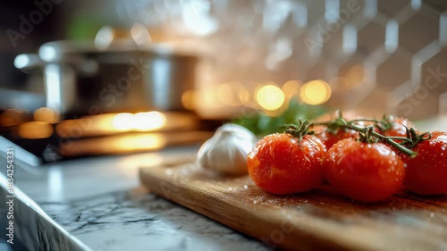 Fresh cherry tomatoes and a whole garlic bulb resting on a wooden board in a warm, softly lit kitchen