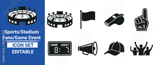 Sports Icon Set: A collection of icons representing various elements of sports, including stadium, flag, whistle, hand, scoreboard, megaphone, cap, and fans.