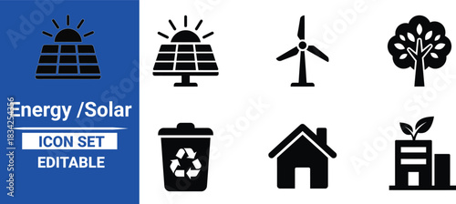 Sustainable Icon Set: A comprehensive collection of clean, monochrome icons representing renewable energy, eco-friendly practices, and sustainable living.
