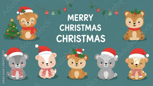 Cute cartoon bears wearing santa hats and scarves celebrate christmas with festive decorations and a decorated tree wishing everyone a merry christmas