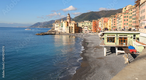 Fototapeta Naklejka Na Ścianę i Meble -  View of sea and coast on sunny day. Fishing village, Camogli, Italy. Tourism and recreation. Ecologically clean nature. Traditional old buildings. Historical centre.