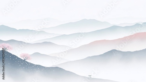 Ethereal landscape of foggy mountains at sunrise in a traditional Chinese ink wash style