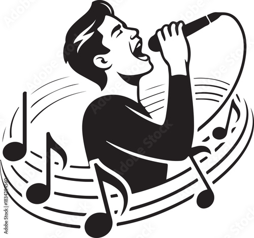 Singer performing into a microphone vector illustration with musical notes and dynamic sound waves