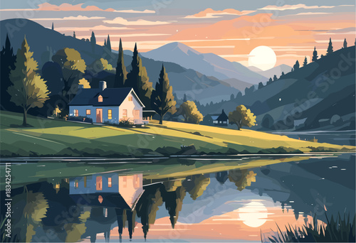 a cozy white house by a lake with mountain reflection during sunset, representing peaceful rural living and countryside vacation concepts