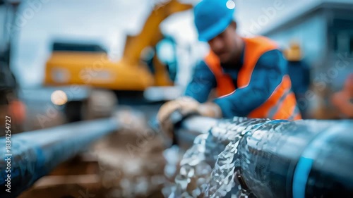 Construction worker repairing a leaking water pipeline on a busy outdoor worksite