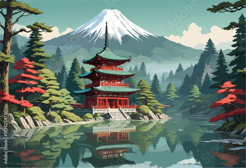 Scenic comic style illustration of a traditional red Japanese pagoda temple by a lake with reflection and majestic snow-capped Mount Fuji background for travel and culture concepts