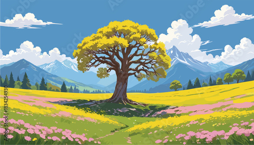 a massive solitary oak tree with yellow leaves standing in a meadow filled with pink flowers against a backdrop of snowy mountains and blue sky.
