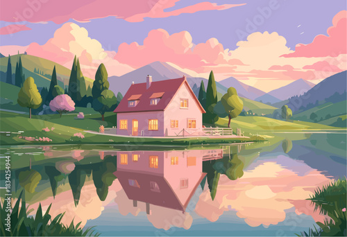 a quaint pink cottage by a calm lake, surrounded by green rolling hills and mountains under a dreamy pastel sunset sky with water reflection.