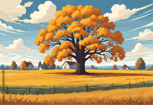 a giant autumn oak tree with orange leaves in a golden field, featuring a rustic fence and farm houses in the background