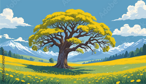 a massive solitary oak tree with vibrant yellow foliage standing in a grassy meadow filled with flowers, backed by snowy mountains and blue sky