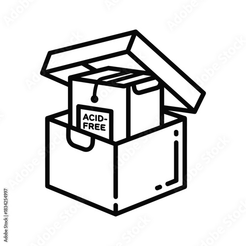 Open box with an "ACID-FREE" labeled package inside, depicting archival quality storage or eco-friendly packaging icon