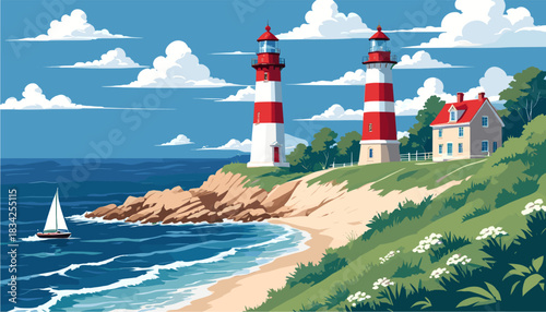 Idyllic coastal landscape vector illustration featuring two classic red and white lighthouses on a green cliff next to a house, overlooking a blue ocean with a sailboat under a cloudy sky.