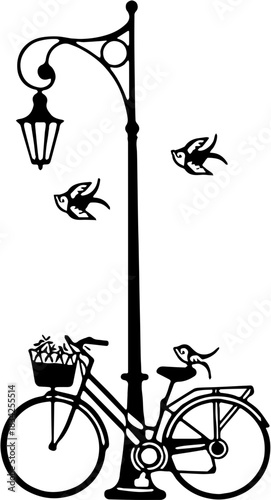 silhouette of a bicycle and street lamp design illustration 