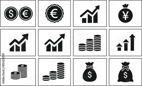 Financial growth icons set currency charts and money bags in black and white