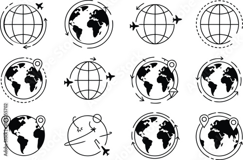Dynamic collection featuring twelve global travel and navigation icon variations
