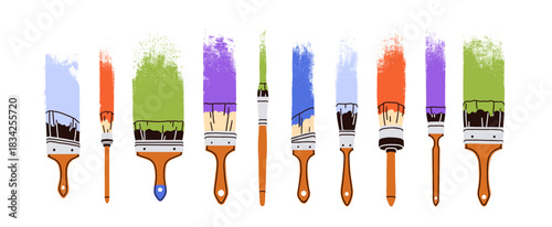 Paint brush strokes set. Drawing, painting with paintbrush tools of different size, shape. Thick and thin marks, colour textures, lines, smears. Flat vector illustration isolated on white background.