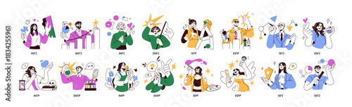 Set of MBTI characters, psychology concept. People with different mindsets, intuition, sensing. Myers-Briggs personality type indicators for HR. Flat vector illustrations isolated on white background.