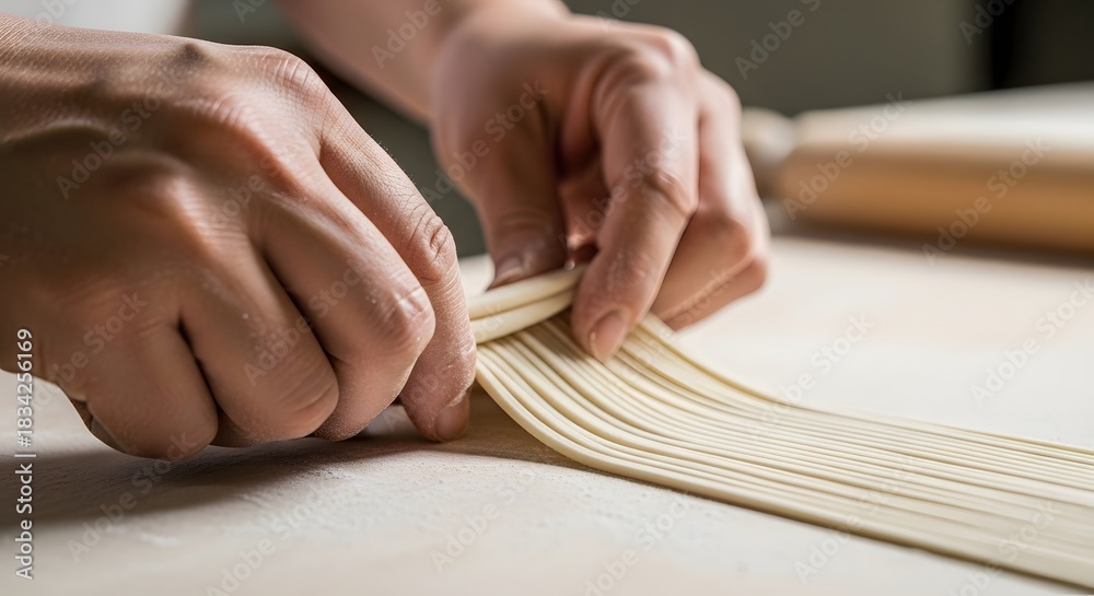 Obraz premium Hands carefully shaping fresh pasta noodles on a floured surface, a culinary creation in progress.