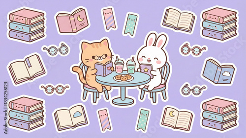 Charming Study Buddies Cat and Rabbit Enjoying a Bookish Break Together