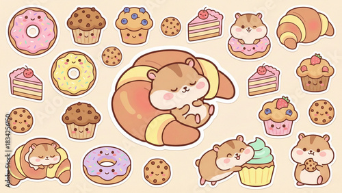 Cute cartoon hamsters joyfully indulging in a delightful assortment of sweet pastries, donuts, cupcakes, and cakes, presented as a charming sticker collection