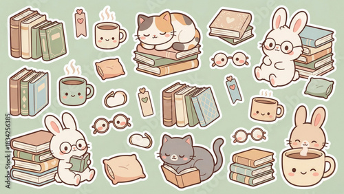 Cozy Reading Scene with Sleeping Cat, Bunny, Books, and Coffee