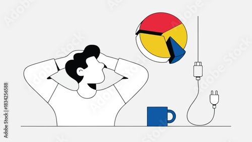 Man relaxing with hands behind head looking at colorful pie chart and unplugged power cord