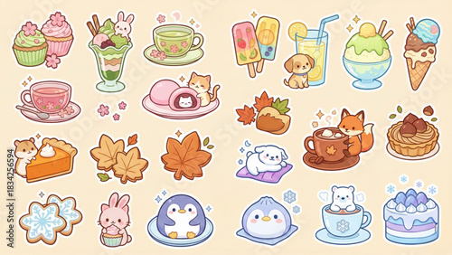 Kawaii Fall Cute Autumn & Winter Dessert Icons Set