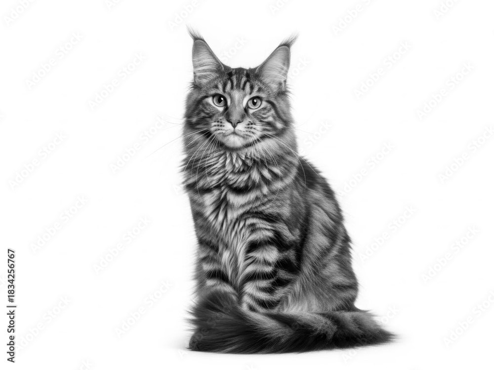 Fototapeta premium Majestic maine coon cat sits proudly in black and white studio portrait