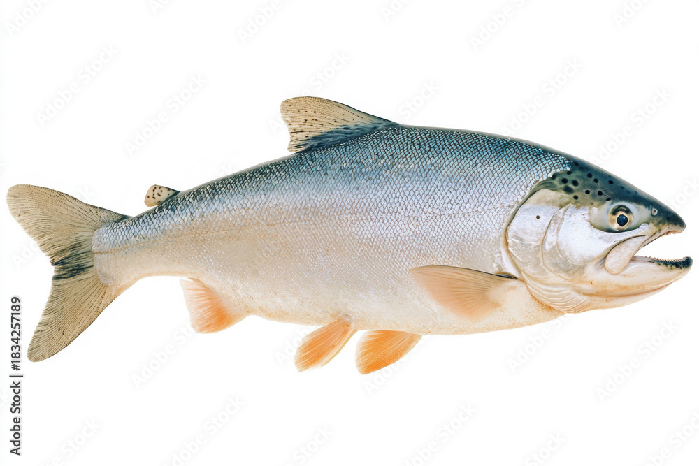 Obraz premium Isolated salmon fish on white background, side view. Fresh seafood concept suitable for food, nutrition, fishing, aquaculture, healthy diet, and culinary marketing.