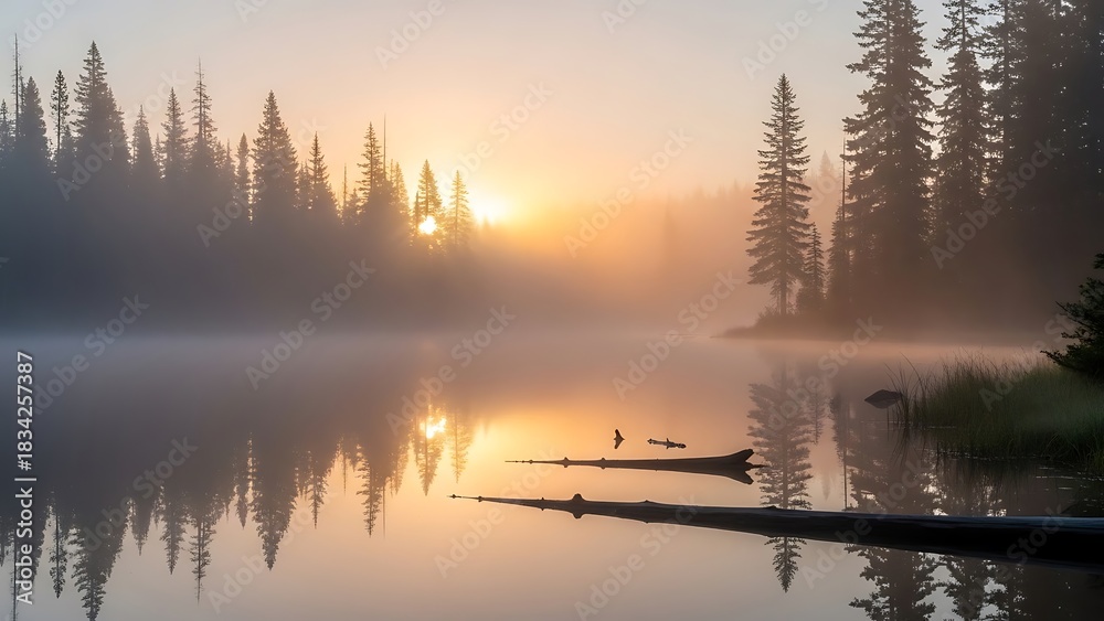Obraz premium Serene Sunrise Reflection: Misty Lake Silhouetted Trees and Floating Log.