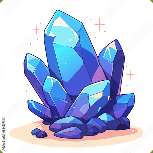 Vector illustration of a glowing blue crystal cluster with sparkles, sharp facets, isolated on a white background