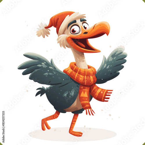 Vector illustration of a festive ostrich wearing a Santa hat and scarf, standing upright, isolated on a white background