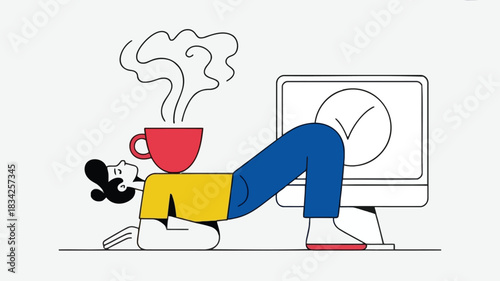Creative person balancing a hot cup of coffee on their chest while working on a computer with a checkmark