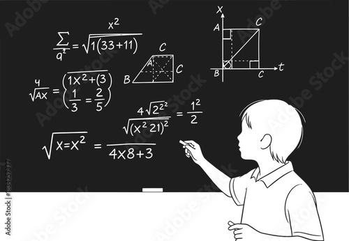 Student solving complex math equations on a blackboard in a classroom setting