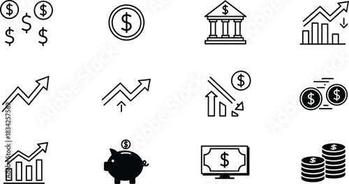 Financial icons representing growth banking and money management in a simple style