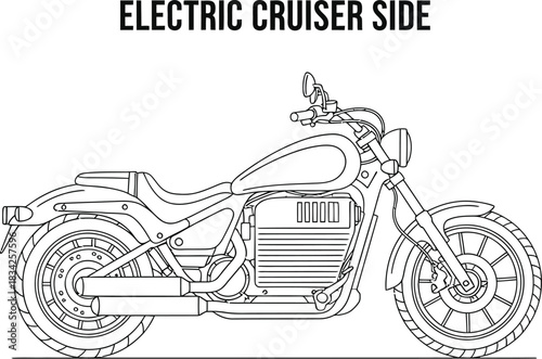 Side view of an electric cruiser motorcycle in a minimalist line art style