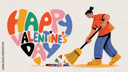 Person sweeping up colorful heart shaped pieces of paper that spell happy valentines day