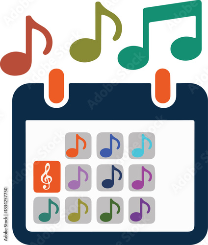 Vector calendar displaying various musical notes for event planning and scheduling music performances.