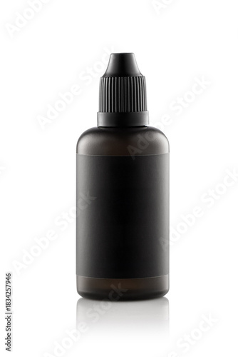 A black dropper bottle stands upright on a white surface with good lighting, suitable for showcasing a liquid product. The bottle has a black cap and a simple design.