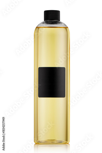 A clear plastic bottle stands upright on a white background. The bottle holds a yellow liquid and has a blank black label, allowing for easy customization.