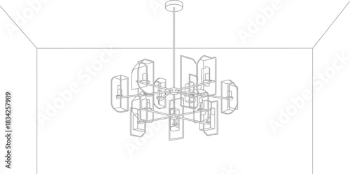 Modern chandelier line drawing in a white room showcasing contemporary design