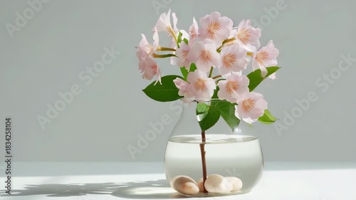 Elegant cherry blossoms in glass vase with smooth stones on sunlit surface
