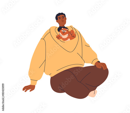 Happy black man with cute dog in hood. Young pert owner sitting on floor with small spitz puppy lying in hoodie. Adorable canine pet companion. Flat vector illustration isolated on white background.