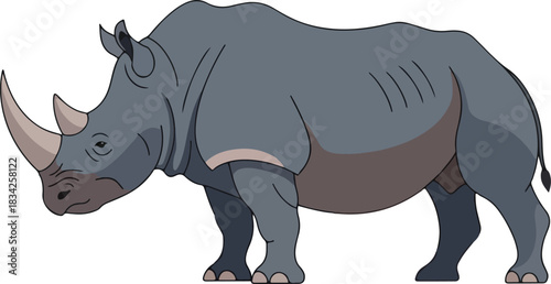 Cartoon illustration of a gray rhinoceros with two horns against a white background