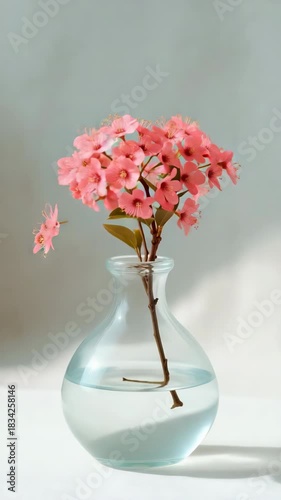 Elegant blossoms in glass vase with water on a soft background