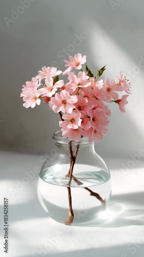 Cherry blossom branches in clear glass vase with sunlit background