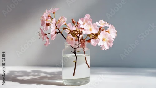 Pink cherry blossoms in vase with soft shadows on white background